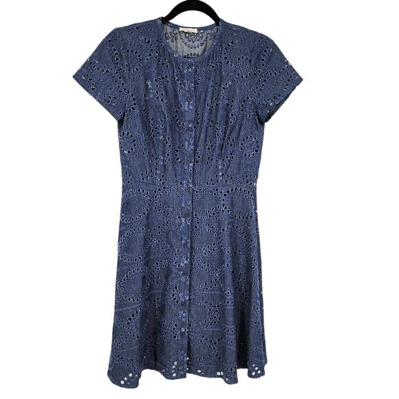 Shoshanna Blue Button Front Denim Blue Eyelet Short Sleeve Dress Size 4 - Picture 1 of 3